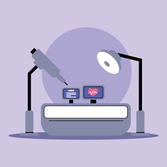 In well-lit workspace, medical devices configured to monitor health metrics. Screens with vital signs and data, tools awaiting use. Patient care efficiency concept