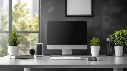 Obraz premium Modern tech gadgets on a sleek office desk, smartphone and smartwatch visible