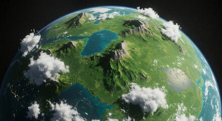 Fototapeta premium Rendering of Exoplanet Landscape with Green Terrain and Mountain Peaks