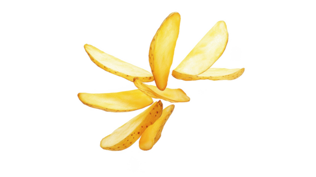 Delicious Golden Potato Wedges Falling, Isolated on Black Background