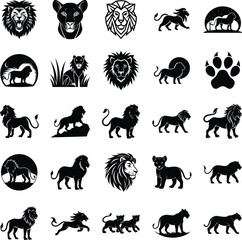 Naklejka premium Lion Illustrations Majestic Wildlife, Black and White, Headshots, Paws