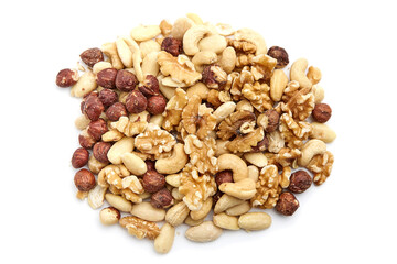 A colorful pile of assorted nuts featuring walnuts, cashews, almonds, and hazelnuts on a white background. Ideal for snacks, cooking, or baking