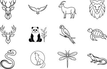 Wildlife Animal Icons Line Art, Deer, Lion, Panda, Bird Designs
