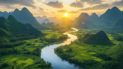 Fototapeta premium Scenic landscape with mountains, valleys, and a flowing river