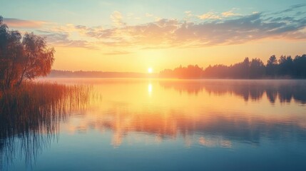 Fototapeta premium Tranquil lake at sunset, soft orange reflections on the water