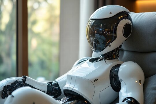 AI-powered humanoid robot sitting in a modern living room