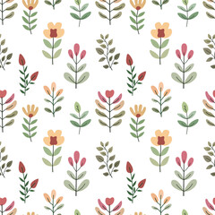 Seamless pattern of Flowers, leaves. Cute illustration, vector, color, simple.