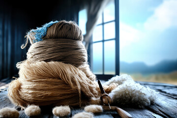 Natural wool fibers and hand-spun yarn stacked on a wooden surface near a window, symbolizing knitting, traditional craftsmanship, and sustainable materials
