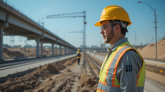 Civil engineer supervising road construction and expressway project under clear skies during daylight
