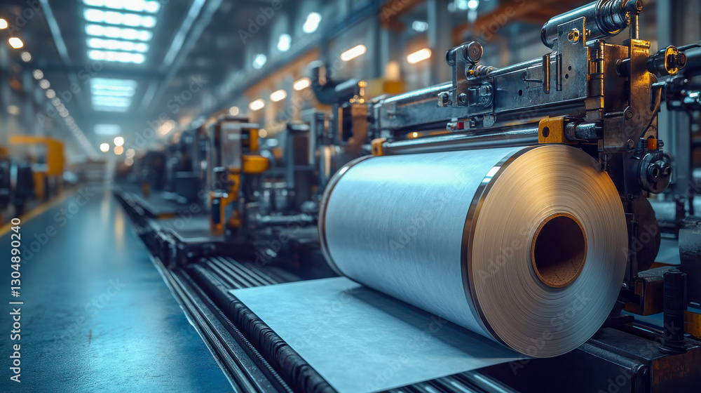 Poster high-speed paper processing machine producing large rolls in an industrial setting