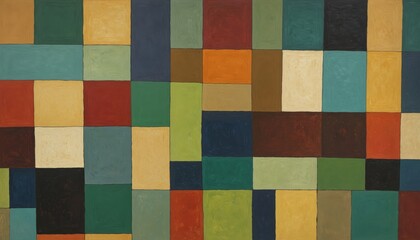 Fototapeta premium This abstract art piece features a grid of square rectangles in various colors, arranged in a grid-like pattern, with a warm, earthy tone and a minimalist style