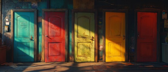 A dark room with four wooden doors has them all shut