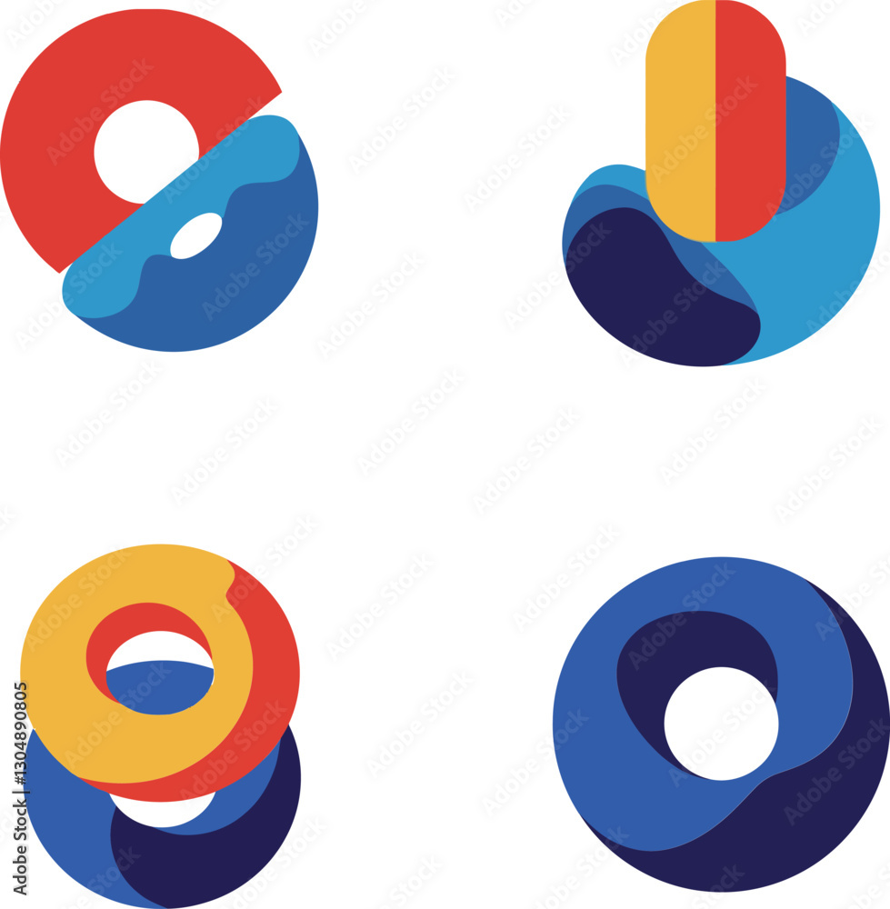 Poster colorful geometric shapes in flat design showcasing various circular forms and overlapping elements,
