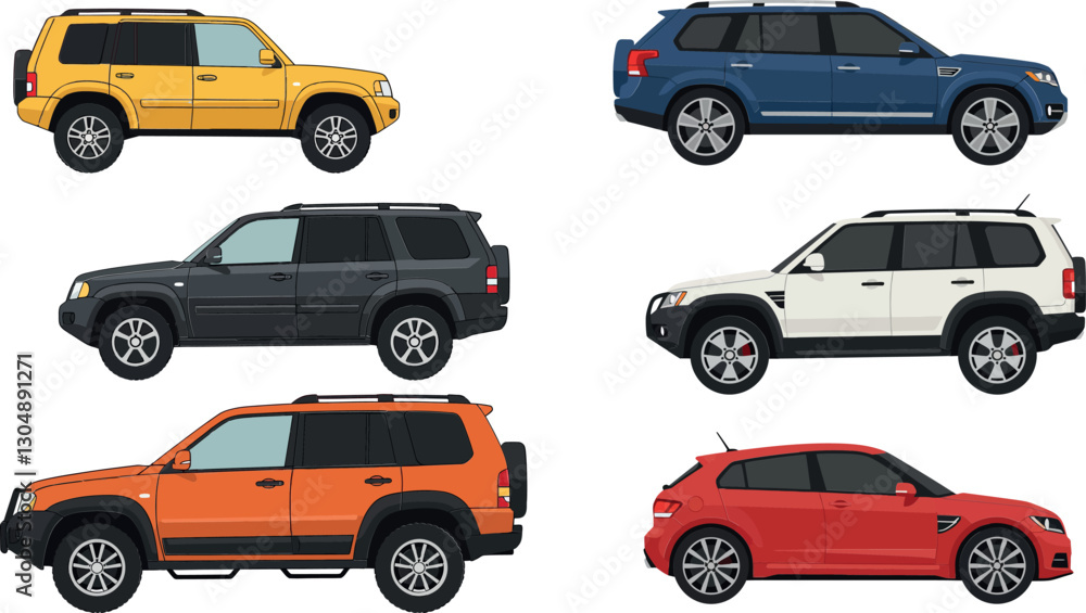 Poster various colorful suvs in flat design showcasing different angles and styles, perfect for automotive 
