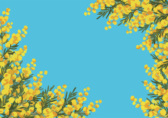 春の空に咲くミモザのフレーム、ベクター素材	
