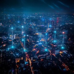 Aerial view of the city with 5G signal, emphasizing network reach