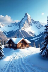Scenic mountaintop ski lodge with snowy peaks , white, snow, adventure
