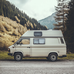Van home parked in a mountainous landscape.