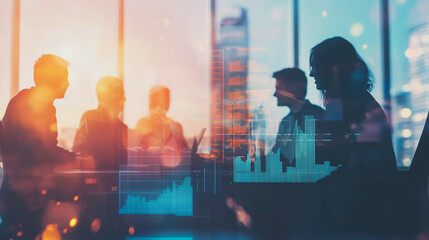 Professional business team working on a project together in the office Using innovation economic growth charts and network connections to accompany the data. in analyzing future trends