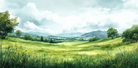 Fototapeta premium A PNG watercolor painting featuring a green landscape, showcasing an outdoors grassland
