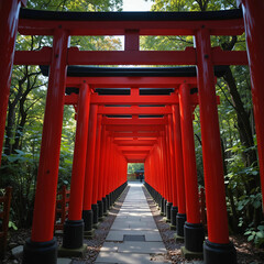 A mesmerizing view of the iconic red torii gates forming a winding walkway at Fushimi.