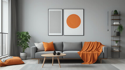 Orange blanket on grey sofa in modern apartment interior with poster and wooden table