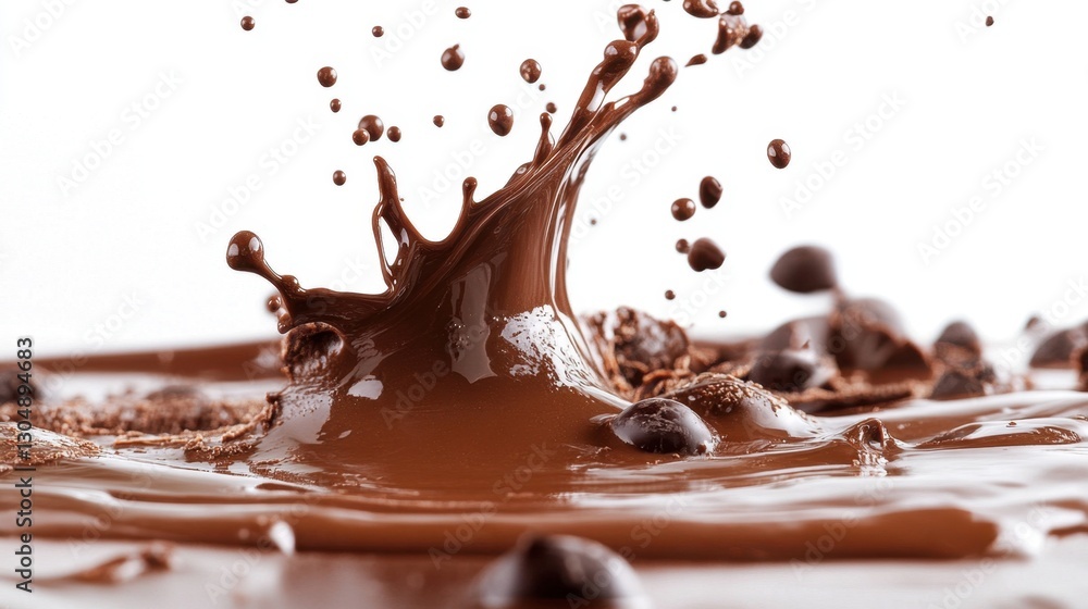 Poster dynamic chocolate splash with flowing liquid and scattered morsels against a bright white background