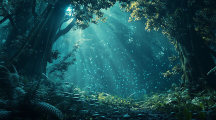 Lush enchanted forest background: Sunlight filtering through towering ferns, bioluminescent mushrooms glowing in twilight, mist swirling around ancient trees