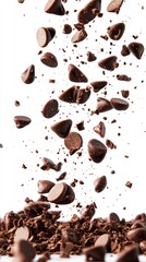 Obraz premium Delicious semi sweet chocolate chips falling onto a pile of chocolate crumbs on a white background studio shot creating a dynamic and appetizing scene