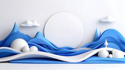 Abstract Blue and White Landscape with Waves and Mountains