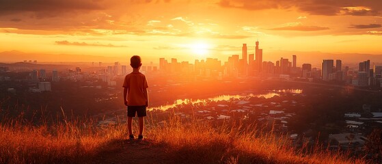 Boy watching sunset over city skyline