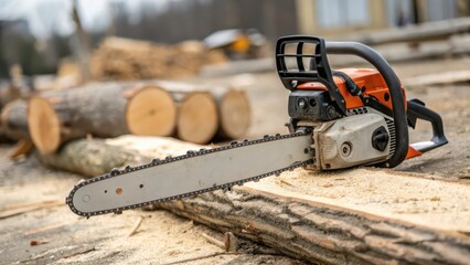 Fototapeta premium Chainsaw on Wood Log