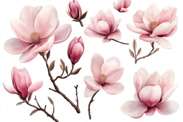 Pink magnolia blossoms and buds collection.