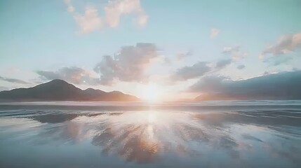 Obraz premium Breathtaking Sunset Over Calm Ocean and Reflections on Sandy Beach