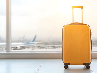 bright yellow suitcase stands near airport window, showcasing travel ready vibe. background features blurred airplanes, evoking sense of adventure and wanderlust