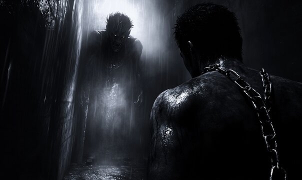 Chained man faces monster in dark, damp tunnel; horror film scene