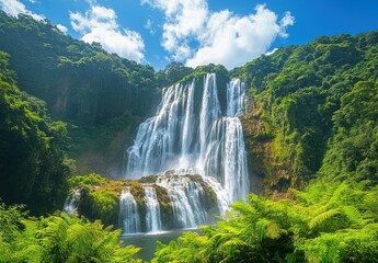 Fototapeta premium Majestic waterfall cascading down rocky cliffs surrounded by lush greenery and vibrant blue skies in a tropical paradise landscape