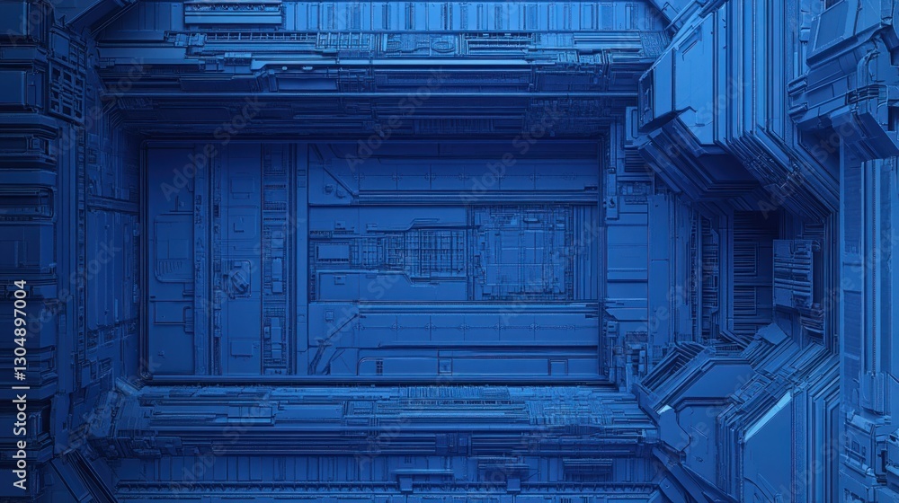 Poster abstract blue futuristic machine design: a 3d render of complex geometric structures