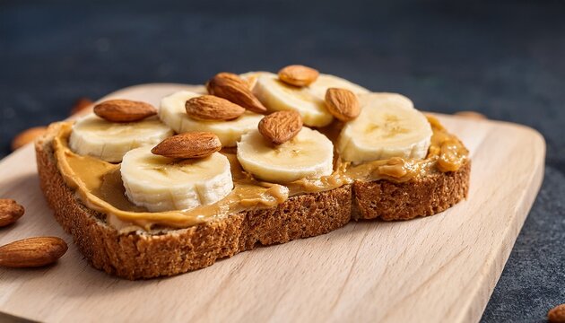 creamy peanut butter spread on whole grain bread topped with fresh banana slices accompanied by almonds delicious and nutritious snack option