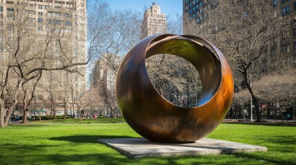 Large Abstract Sculpture in Public Park Surrounded by Cityscape