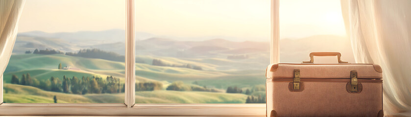 vintage suitcase leaning against window, overlooking serene landscape. warm sunlight creates nostalgic atmosphere, inviting thoughts of travel and adventure