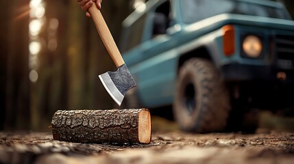 A person chopping wood with an axe in a forest, with a vehicle parked in the background