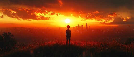 Child watching sunset over city.  Hopeful future