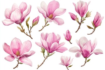 Pink magnolia blossoms collection, isolated on white.