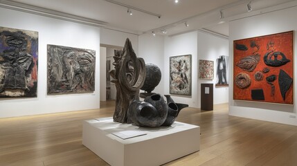 Modern Art Gallery with Sculptures and Abstract Paintings Displayed