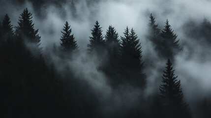 Obraz premium haunting mountain forest shrouded in thick fog creates eerie atmosphere