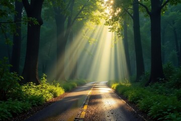 Sunbeams pierce canopy, illuminating wet forest road , emerald, outdoor, picturesque