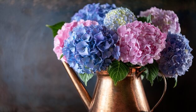 hydrangeas in a copper jug still life hydrangeas copper jug blue flowers pink flowers summer flowers rustic vintage farmhouse country living home decor interior design close up macro pho - Powered by Adobe