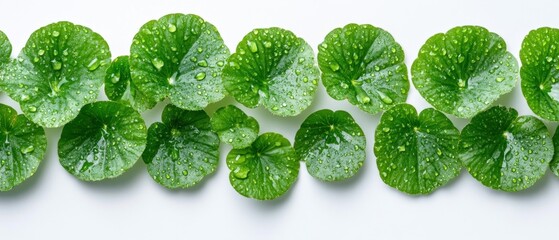 Obraz premium Fresh gotu kola leaves with water droplets on a white surface displaying vibrant greenery and natural texture in a clean botanical arrangement