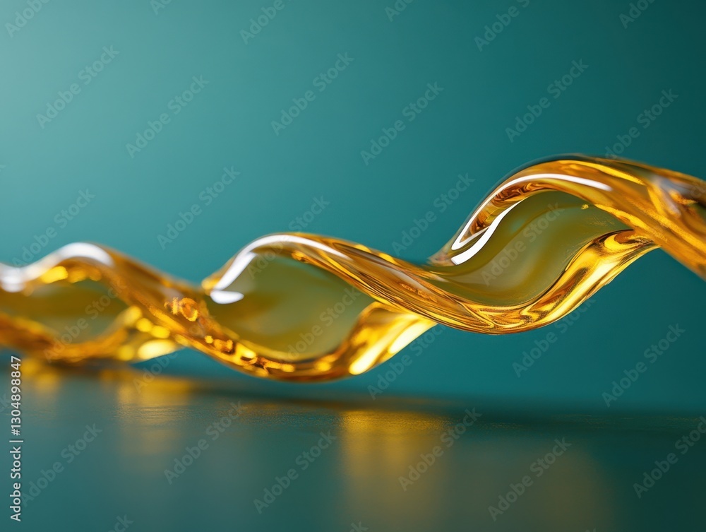 Poster golden liquid spiral on teal background creating a dynamic abstract design with smooth curves and re